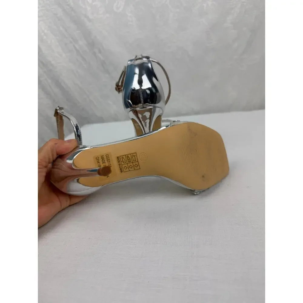 Genshou Silver Rhinestone Ankle Strap Stiletto Heels Size 8.5